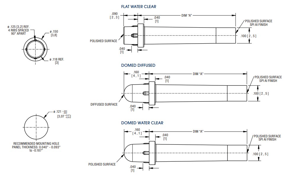 Mechanical Drawing - Dialight 515 Reverse Mount Optopipe® Light Pipes